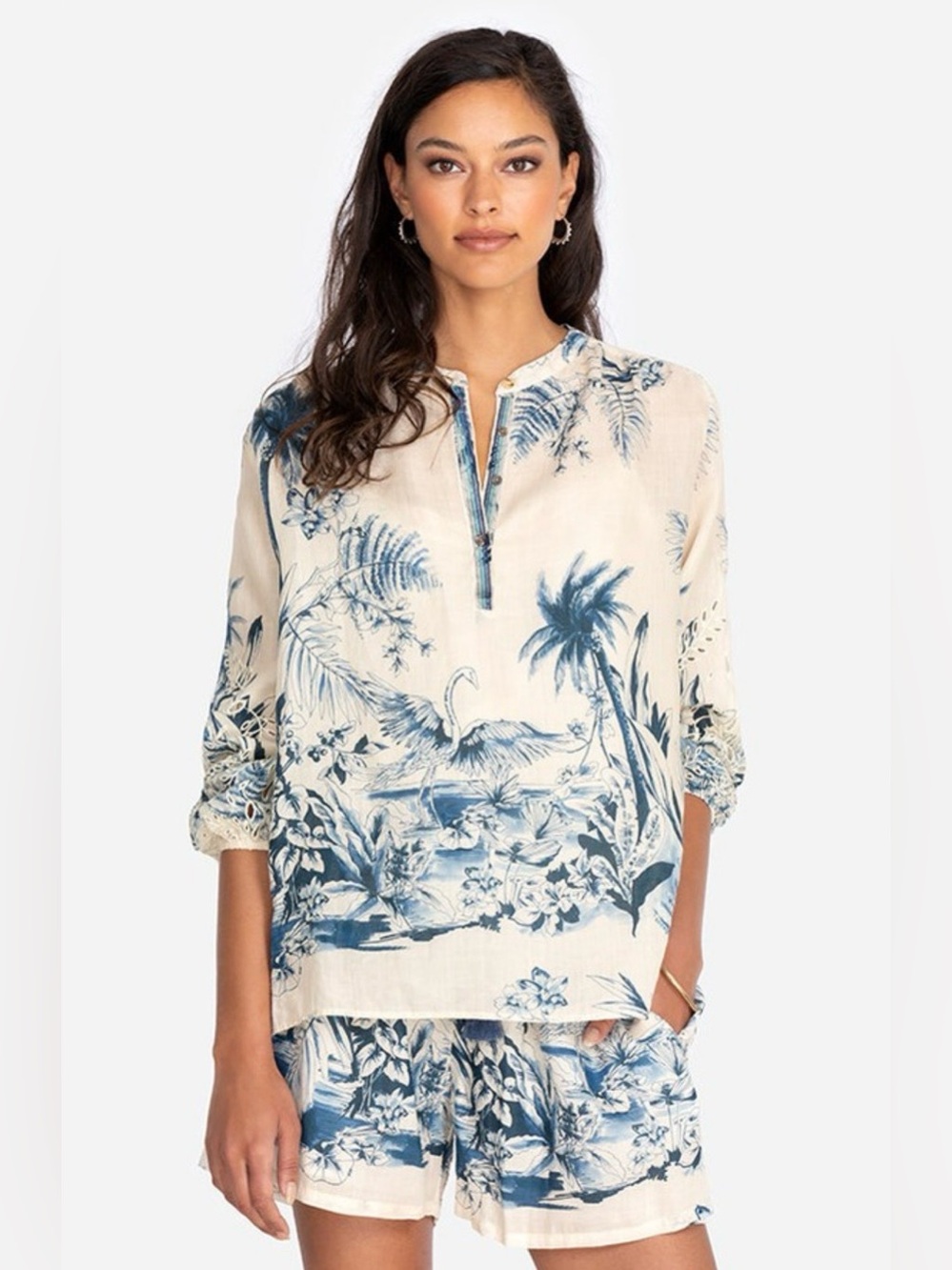 Johnny Was Pacific Palm Blouse & Paperbag Shorts Matching SET Blue Cream Boho XS